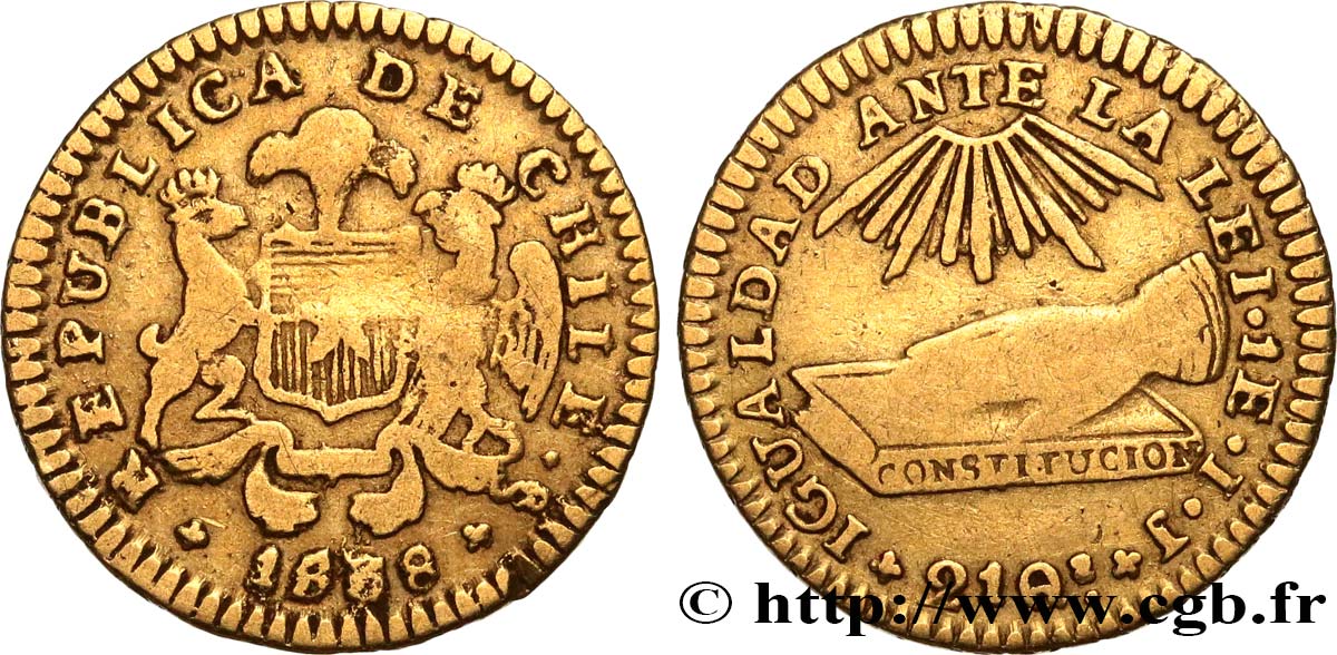 CHILI - RÉPUBLIQUE 1 Escudo 1838 Santiago BC+ 
