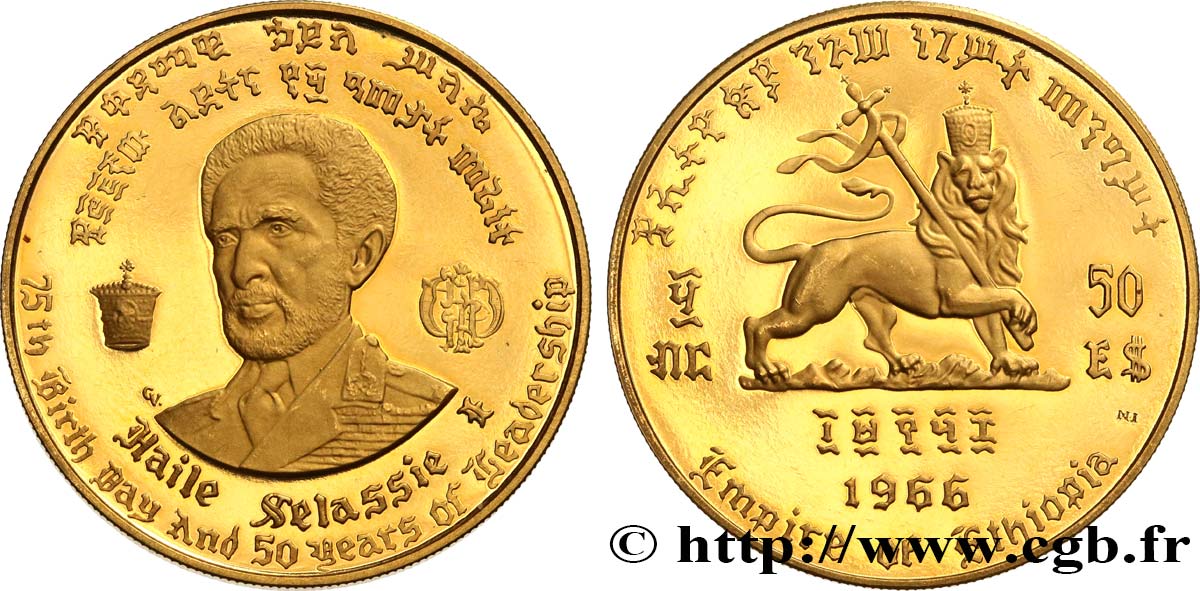 ÉTHIOPIE 50 Dollars proof 75e anniversaire et 50 ans de règne de Hailé Selassié 1966  SPL 