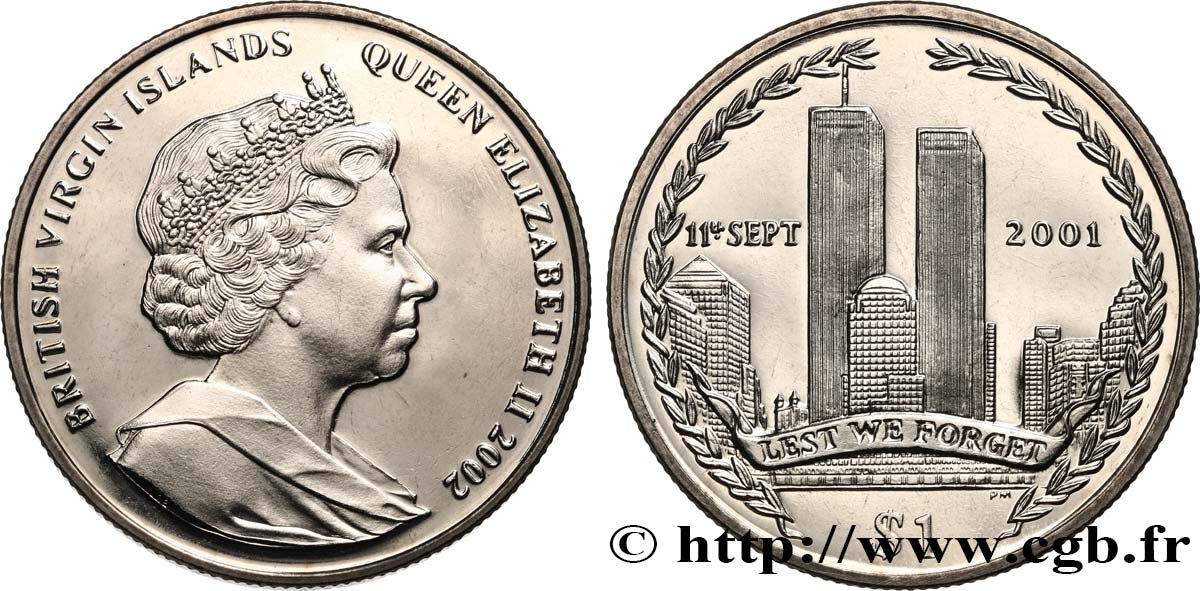 ISOLE VERGINI BRITANNICHE 1 Dollar Proof Commémoration des attentats du 11 septembre 2001 2002 Pobjoy Mint MS 