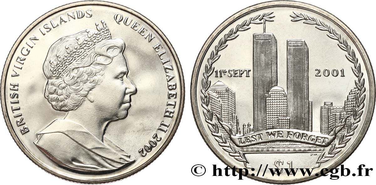 ÎLES VIERGES BRITANNIQUES 1 Dollar Proof Commémoration des attentats du 11 septembre 2001 2002 Pobjoy Mint SPL 