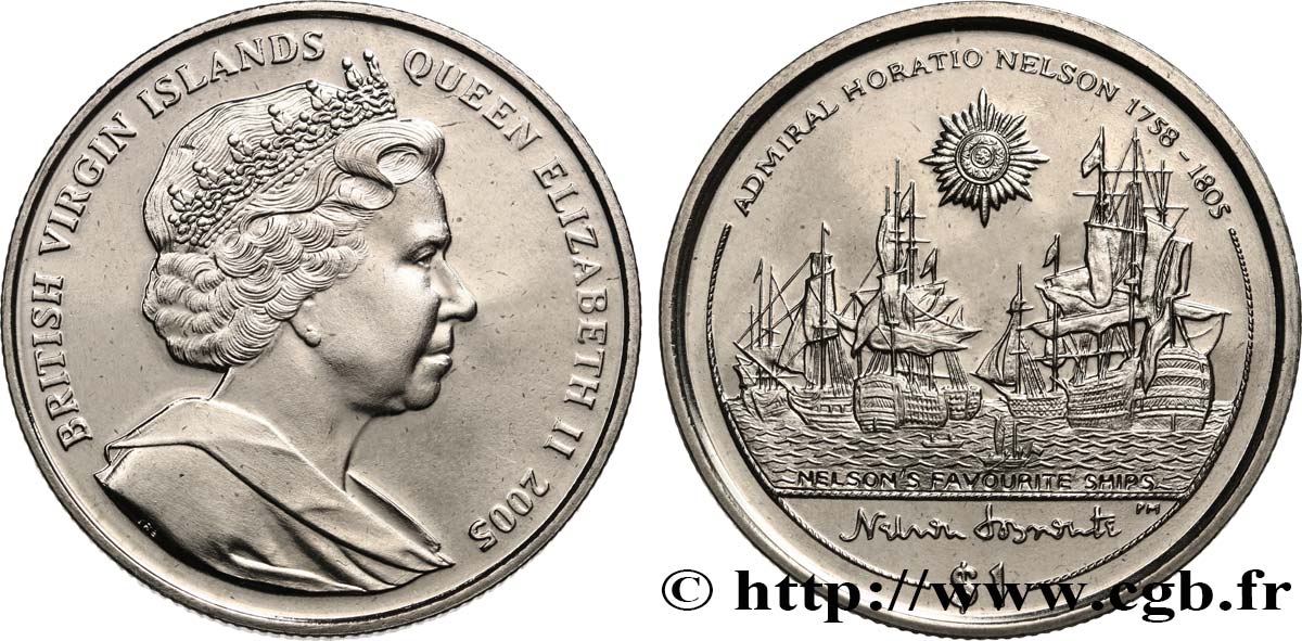 ÎLES VIERGES BRITANNIQUES 1 Dollar Proof Amiral Nelson 2005 Pobjoy Mint SPL 