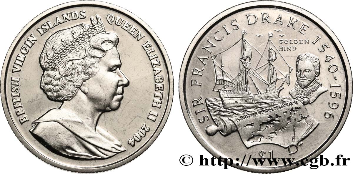 ISOLE VERGINI BRITANNICHE 1 Dollar Proof Sir Francis Drake 2004 Pobjoy Mint MS 