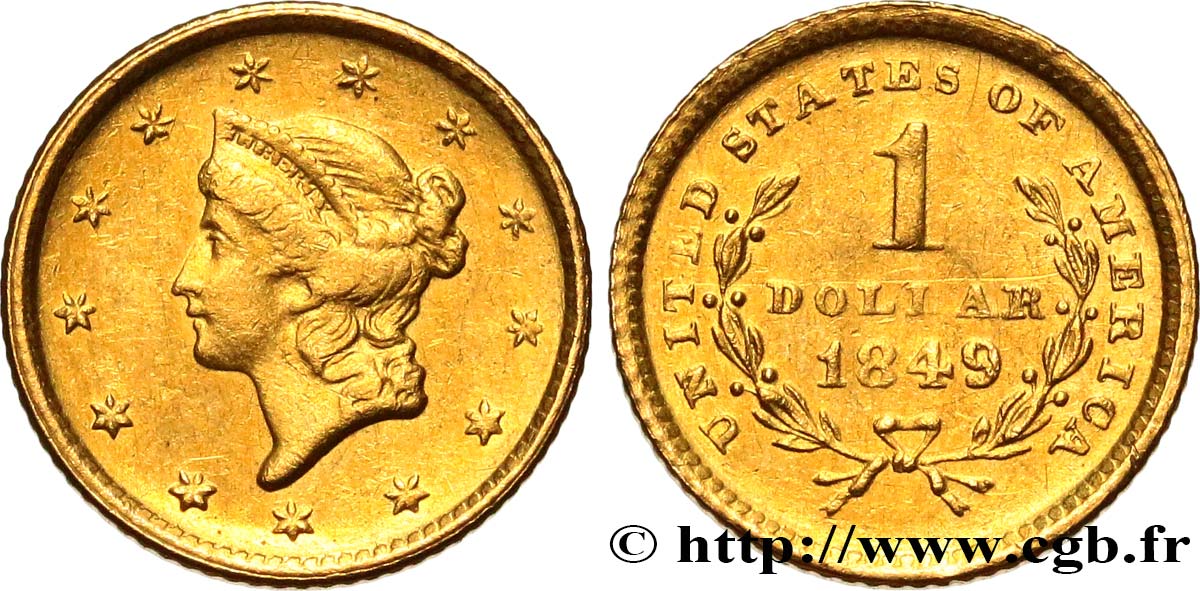 ESTADOS UNIDOS DE AMÉRICA 1 Dollar Or  Liberty head  1er type 1849 Philadelphie MBC+ 