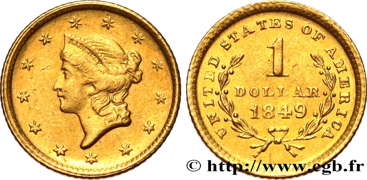 VEREINIGTE STAATEN VON AMERIKA 1 Dollar Or  Liberty head , 1er type 1849 Philadelphie VZ 