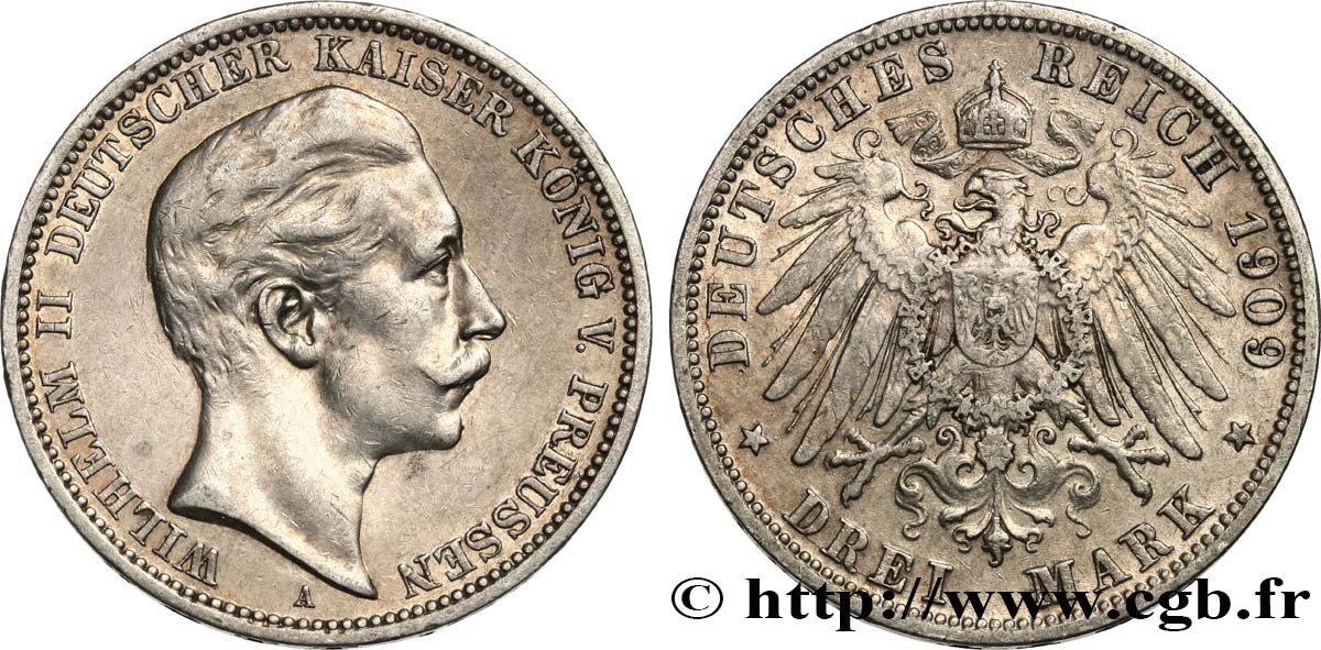 ALEMANIA - PRUSIA 3 Mark Guillaume II 1909 Berlin MBC 