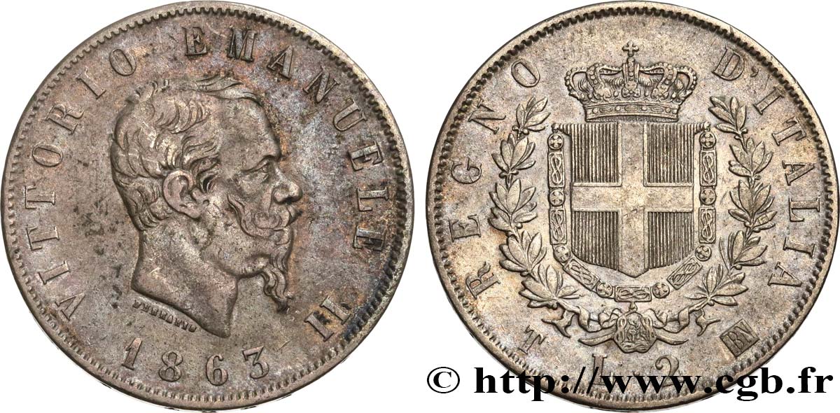 ITALY 2 Lire Victor-Emmanuel II 1863 Turin XF/AU 