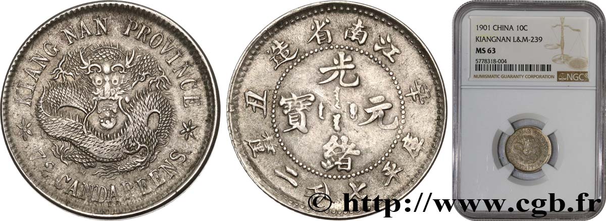 CHINE 7,2 Candareens (10 Cents) Province de Kiang Nan (1901)  SPL63 NGC