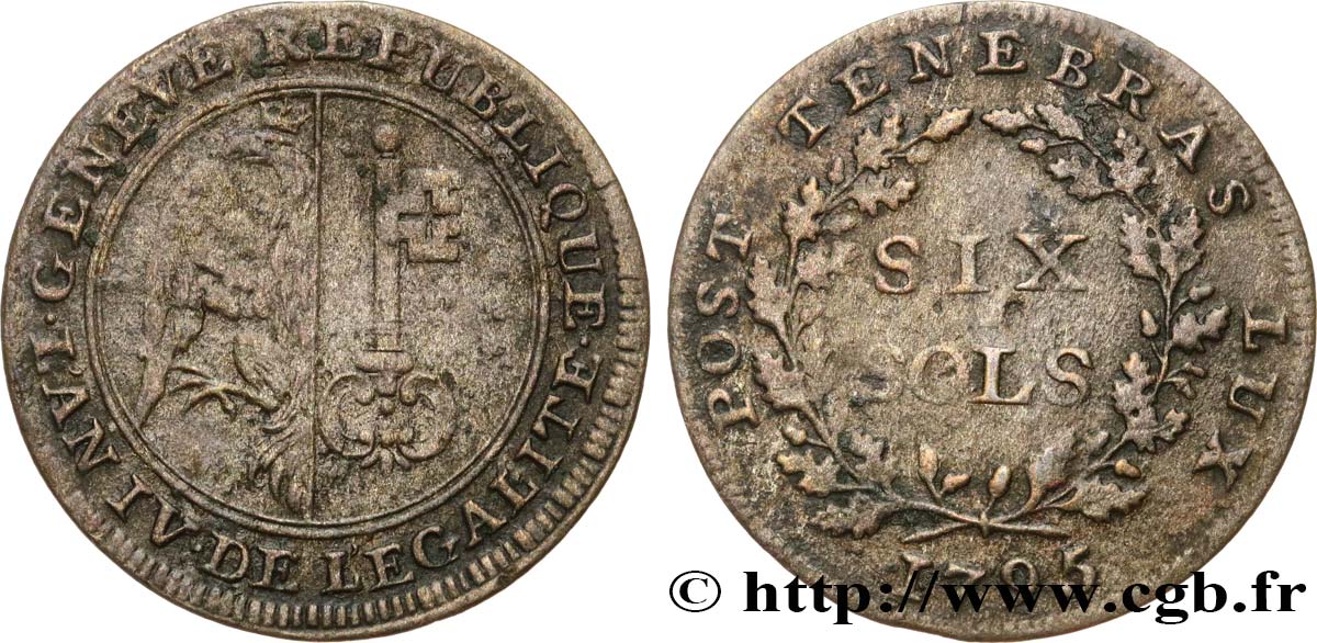 SWITZERLAND - REPUBLIC OF GENEVA 6 Sols Deniers République de Genève monnayage réformé de 1795-1798 1795  VF 