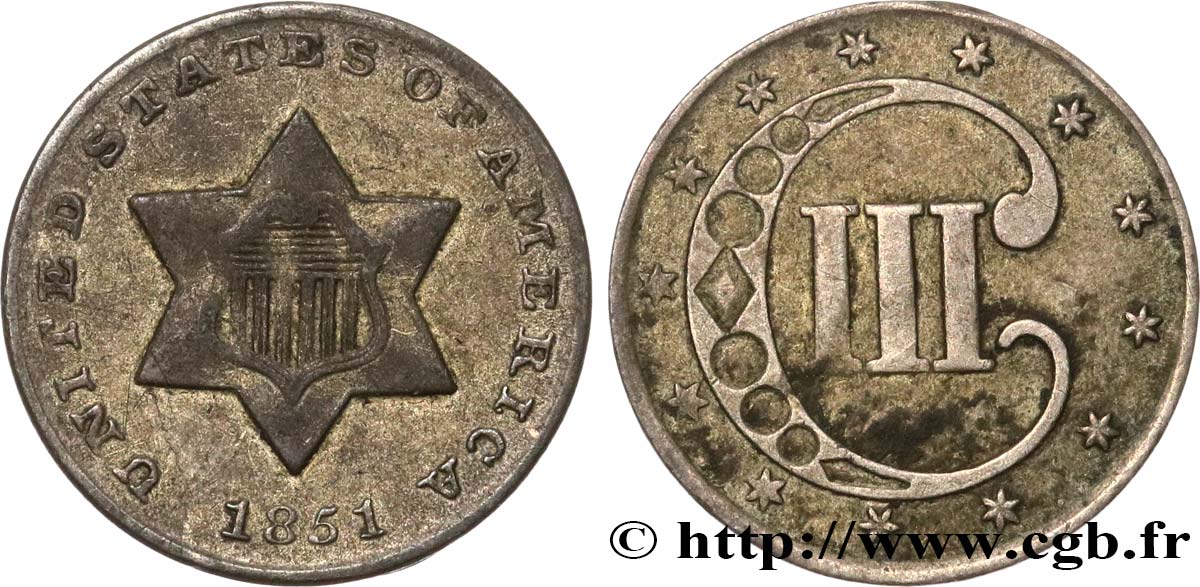 UNITED STATES OF AMERICA 3 Cents 1851 Philadelphie VF 