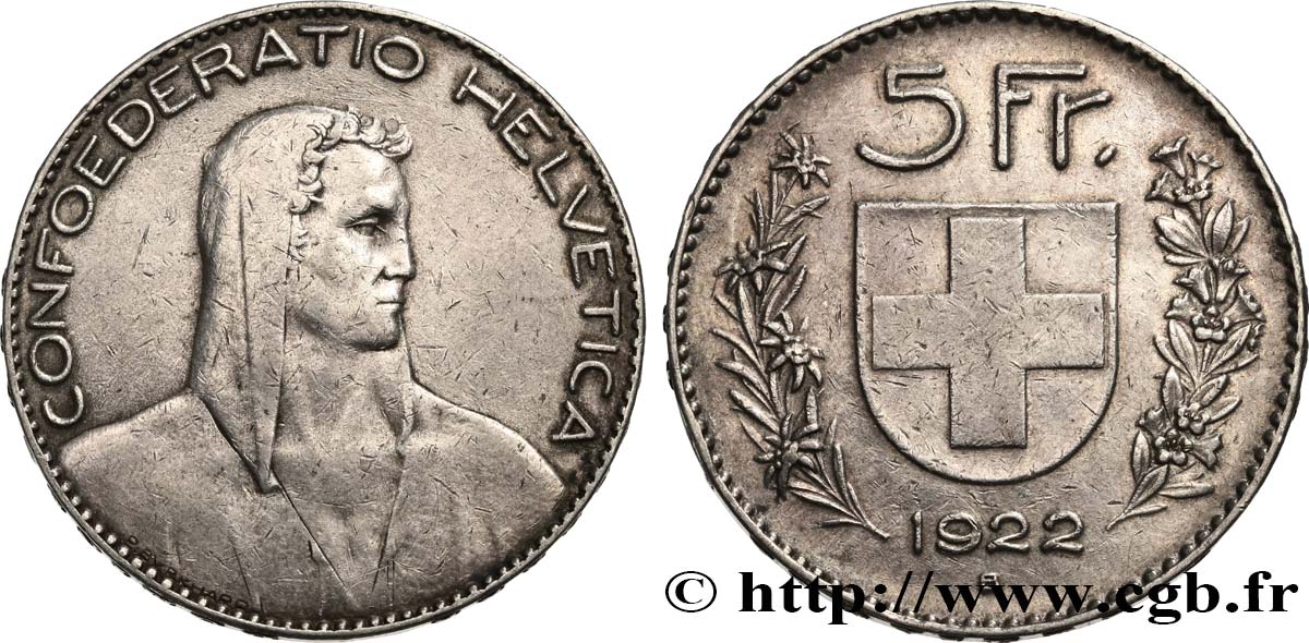 SWITZERLAND 5 Francs Berger 1922 Berne VF/XF 