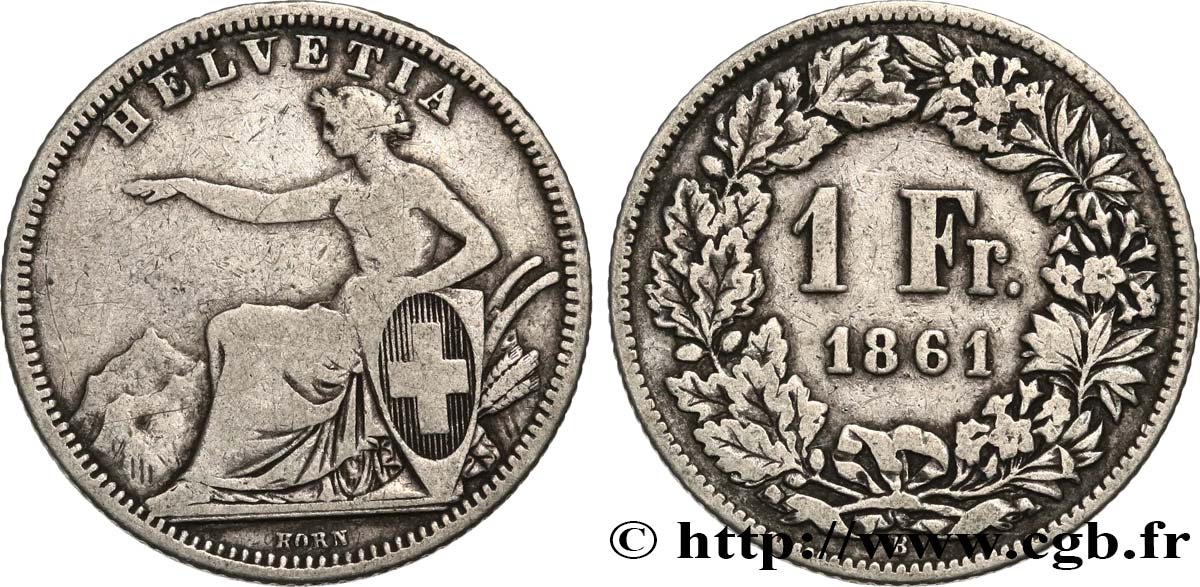 SVIZZERA  1 Franc Helvetia assise 1861 Berne MB/q.BB 