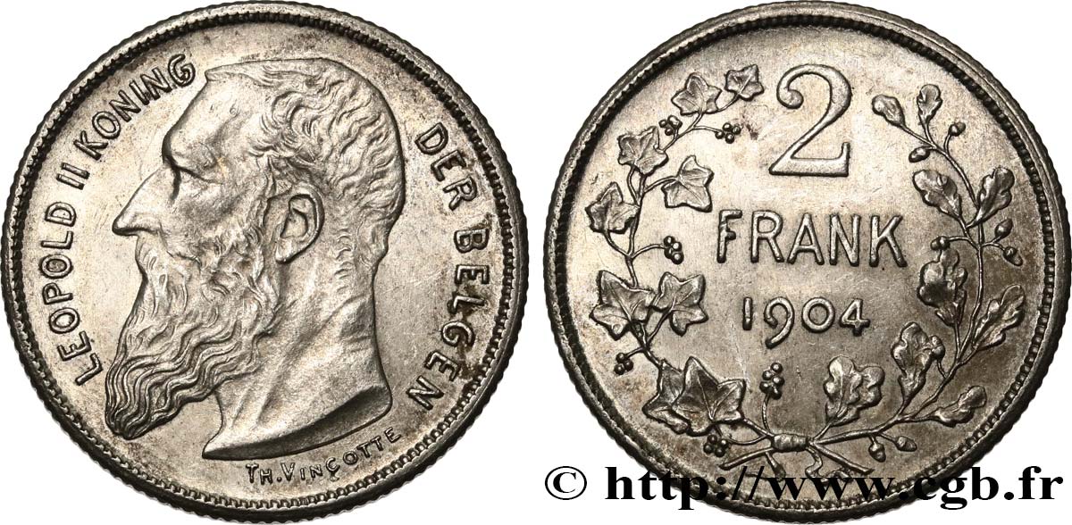 BELGIQUE 2 Frank (Francs) Léopold II légende flamande 1904  SUP 