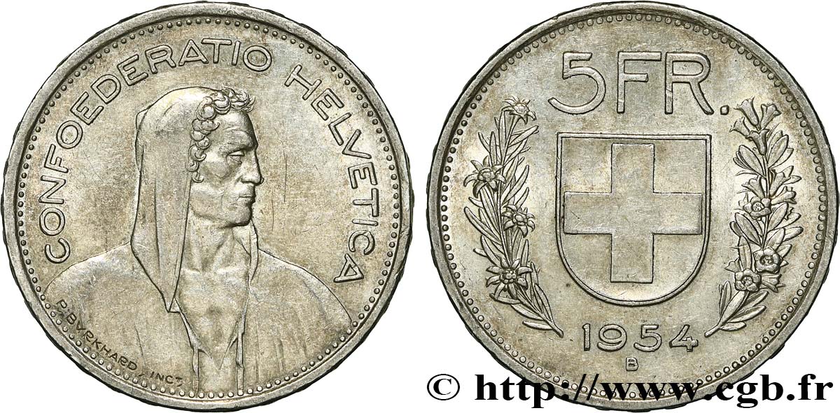 SVIZZERA  5 Francs Berger des alpes 1954 Berne SPL 