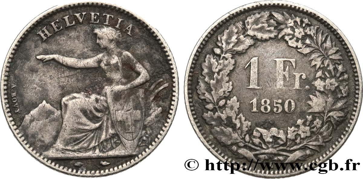 SWITZERLAND 1 Franc Helvetia assise 1850 Paris VF 