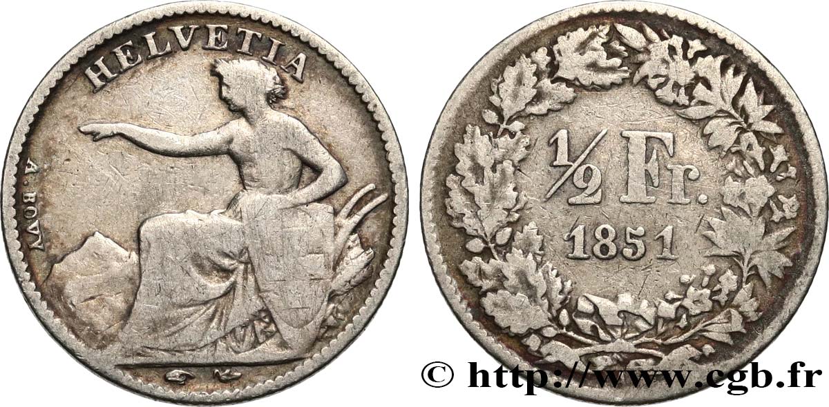 SWITZERLAND 1/2 Franc Helvetia 1851 Paris VF 
