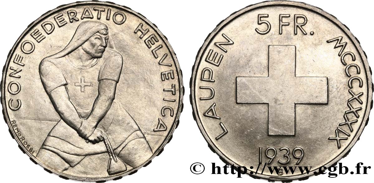 SVIZZERA  5 Francs 600e anniversaire de la bataille de Laupen 1939 Berne SPL 