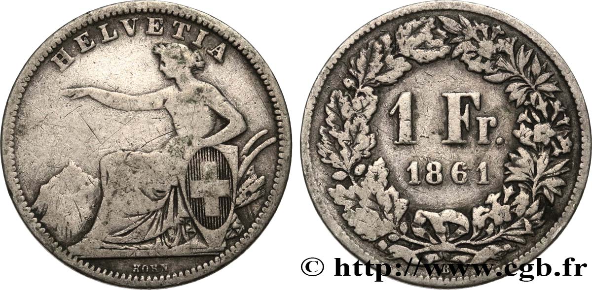SWITZERLAND 1 Franc Helvetia assise 1861 Berne VF/VF 