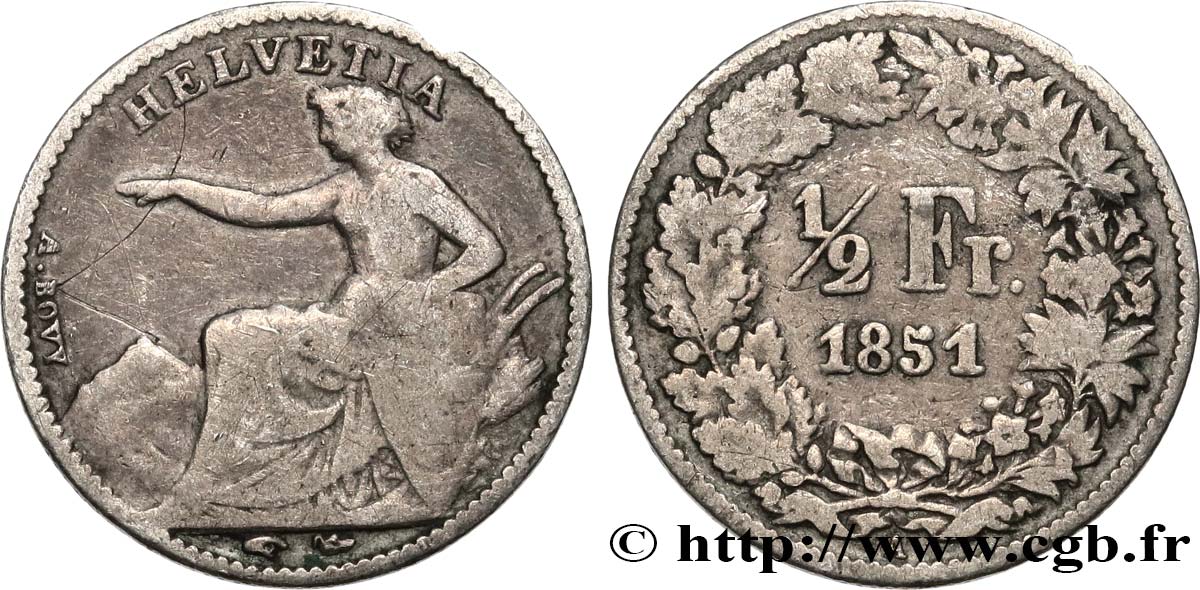 SVIZZERA  1/2 Franc Helvetia 1851 Paris q.BB 