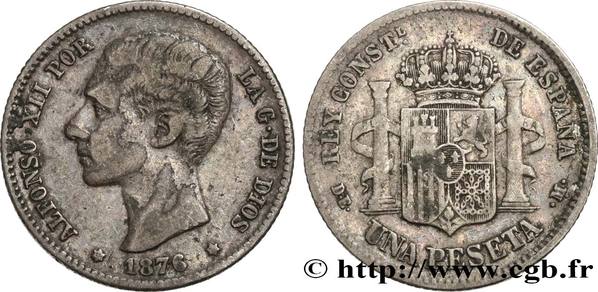 SPAIN 1 Peseta Alphonse XII 1876 Madrid VF 