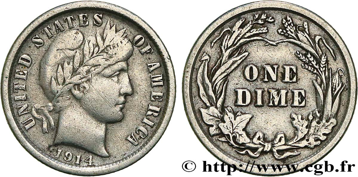 UNITED STATES OF AMERICA 1 Dime Barber 1914 Philadelphie XF 