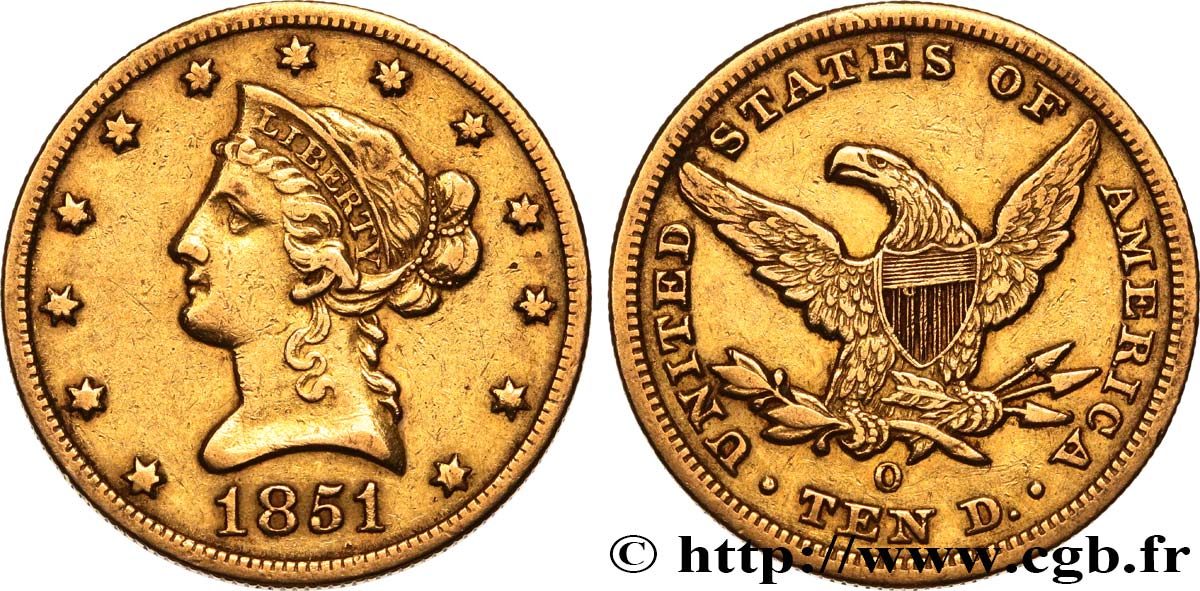 ÉTATS-UNIS D AMÉRIQUE 10 Dollars  Liberty  1851 La Nouvelle-Orléans MBC 