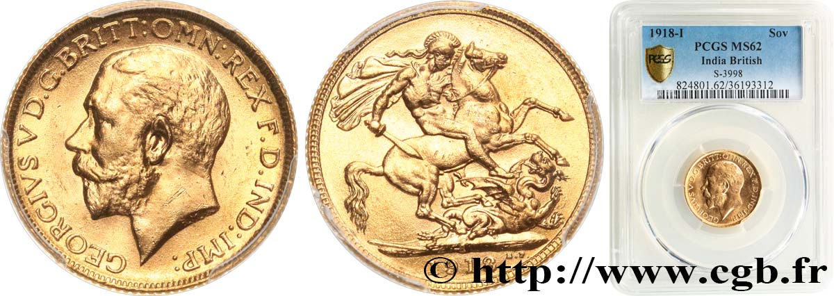 INDIA 1 Souverain Georges V 1918 Bombay MS61 PCGS