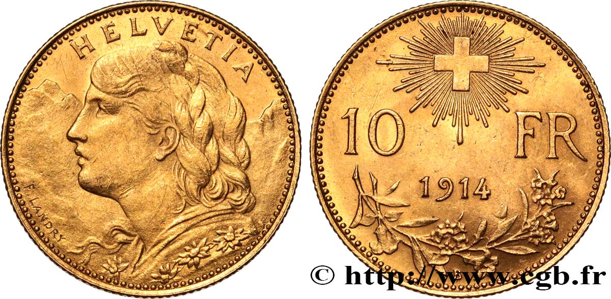 SUIZA 10 Francs  Vreneli  1914 Berne EBC 