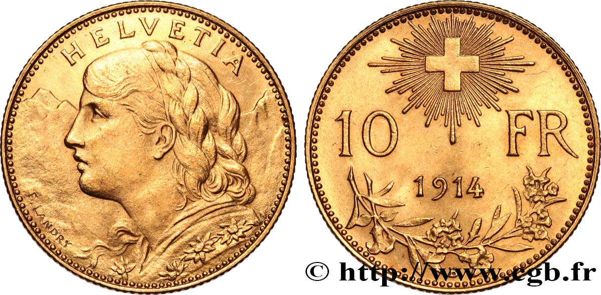 SCHWEIZ 10 Francs  Vreneli  1914 Berne VZ 