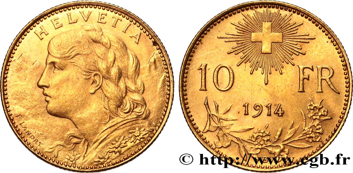 SWITZERLAND 10 Francs  Vreneli  1914 Berne AU 