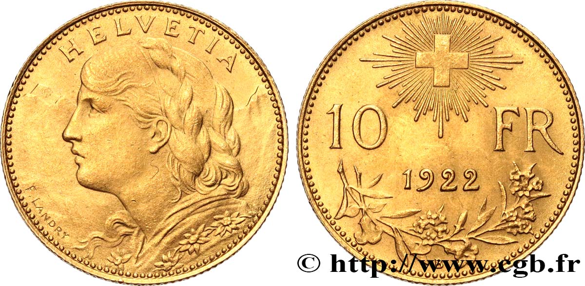 SUISSE 10 Francs  Vreneli  1922 Berne SUP 