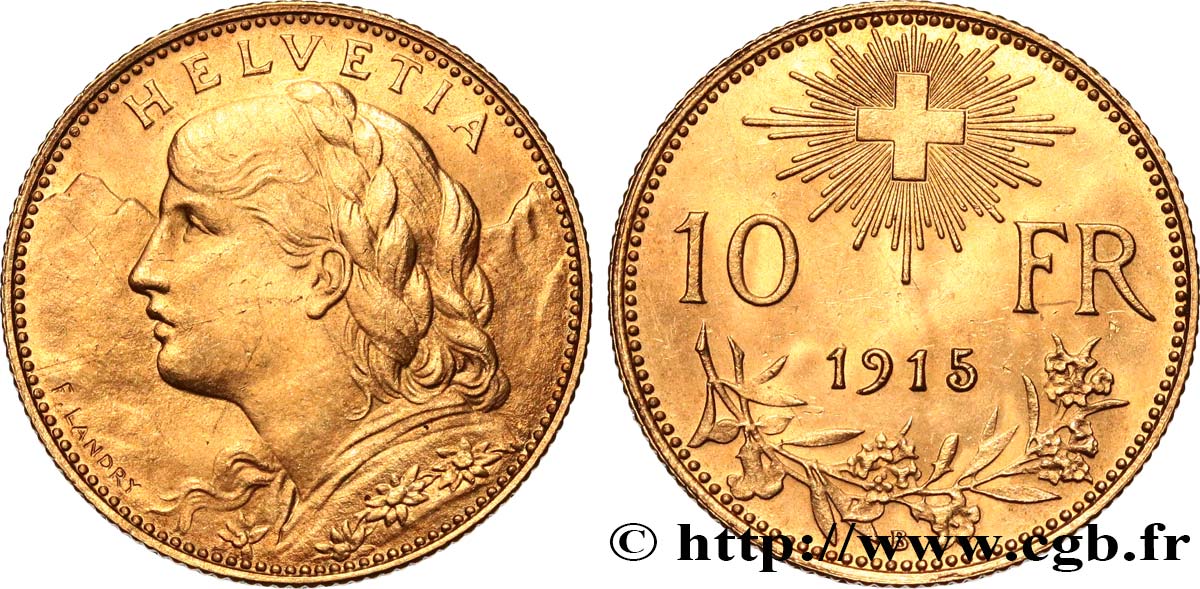 SCHWEIZ 10 Francs  Vreneli  1915 Berne  VZ 