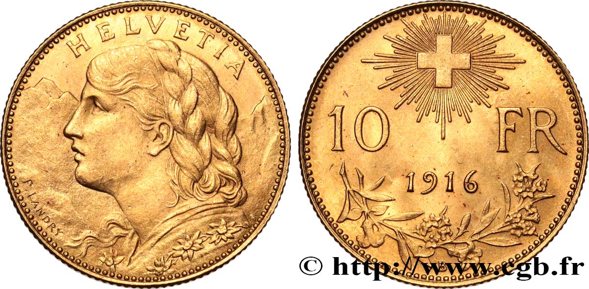 SUISSE 10 Francs or  Vreneli” 1916 Berne SUP 