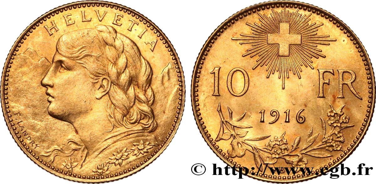 SVIZZERA  10 Francs or  Vreneli” 1916 Berne SPL 