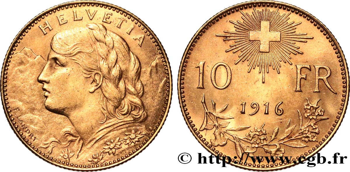 SCHWEIZ 10 Francs or  Vreneli” 1916 Berne VZ 