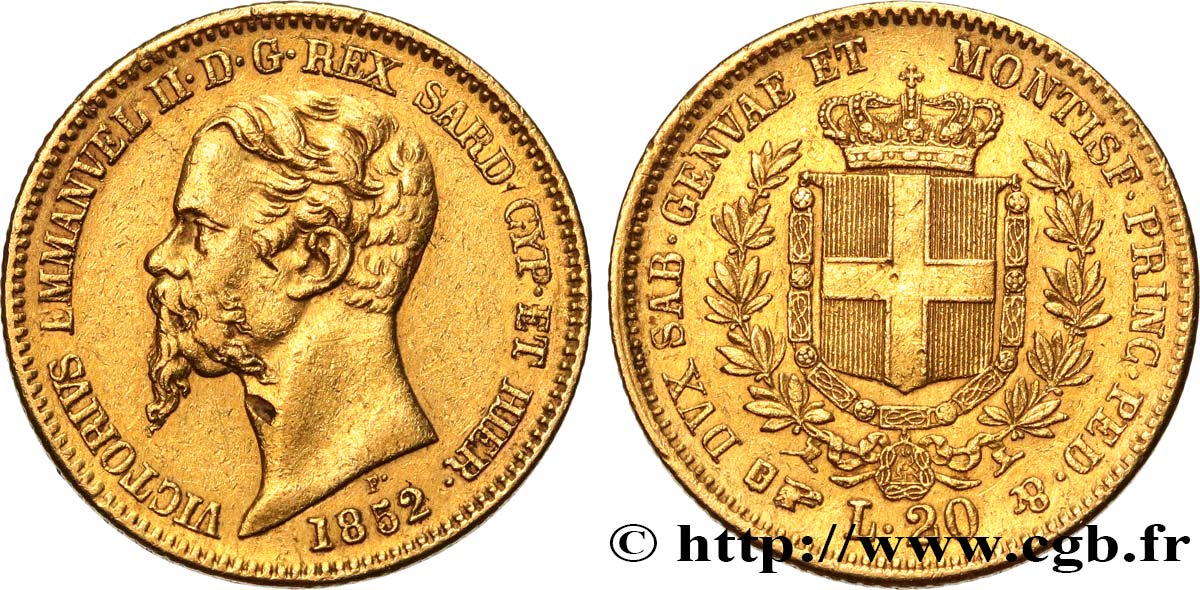 ITALY - KINGDOM OF SARDINIA - VICTOR-EMMANUEL II 20 Lire  1852 Turin XF 