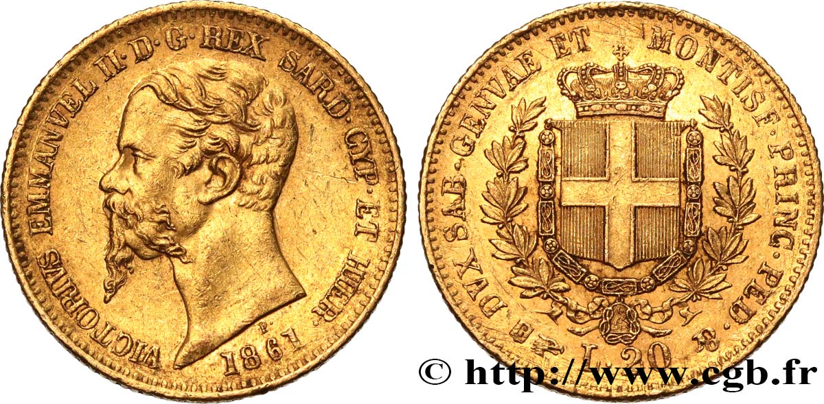 ITALY - KINGDOM OF SARDINIA - VICTOR-EMMANUEL II 20 Lire 1861 Turin XF 