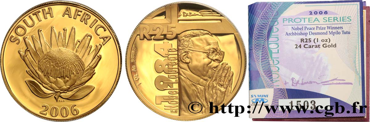 AFRIQUE DU SUD 25 Rand Proof Archevêque Desmond Mpilo Tutu prix nobel 1984 2006 Prétoria FDC 