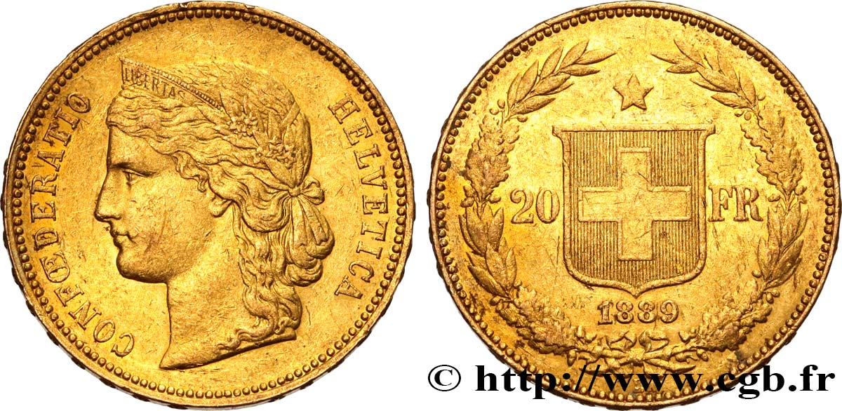 SWITZERLAND 20 Francs Helvetia 1889 Berne VF 
