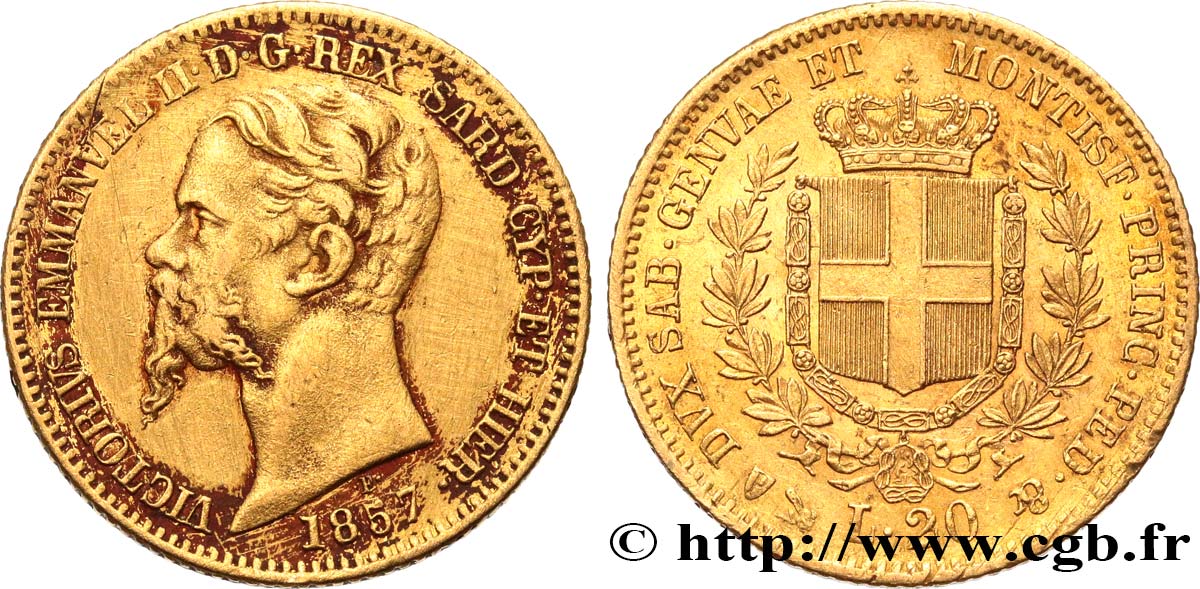 ITALIEN - SARDINIEN KÖNIGREICH - VIKTOR EMMANUEL II. 20 Lire 1857 Gênes SS 