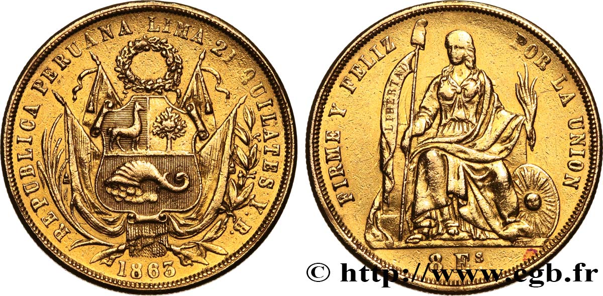 PERú - REPúBLICA 8 Escudos 1863 Lima MBC 