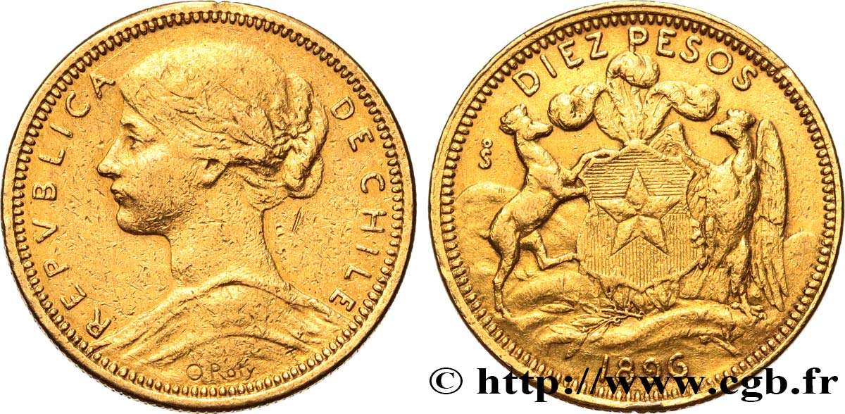 CHILE 10 Pesos 1896 Santiago VF 