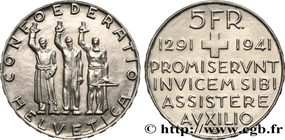 SUISSE 5 Francs 650e anniversaire de la confédération 1941 Berne TTB+ 