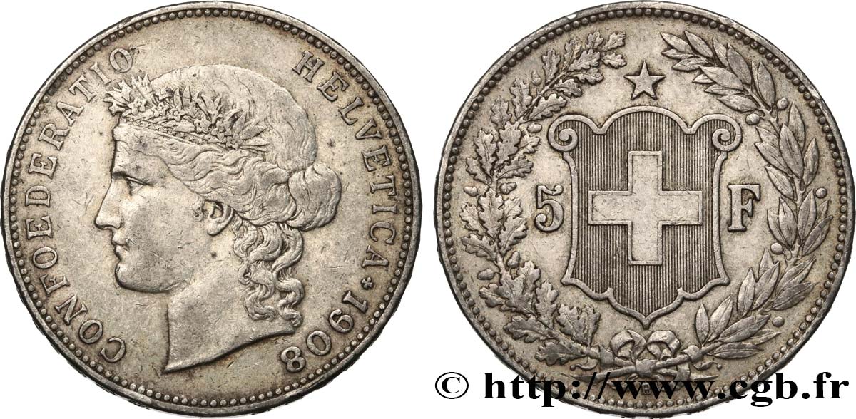 SUISSE 5 Francs Helvetia 1908 Berne TTB 