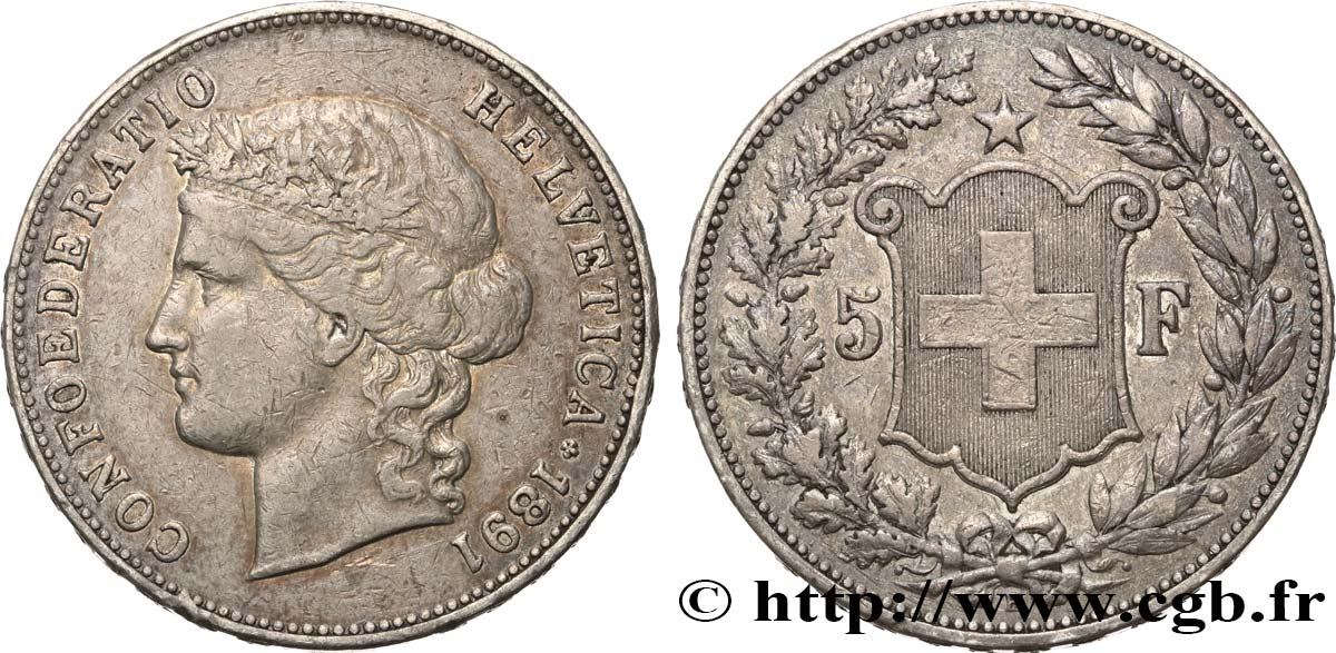 SVIZZERA  5 Francs Helvetia buste 1891 Berne q.BB 