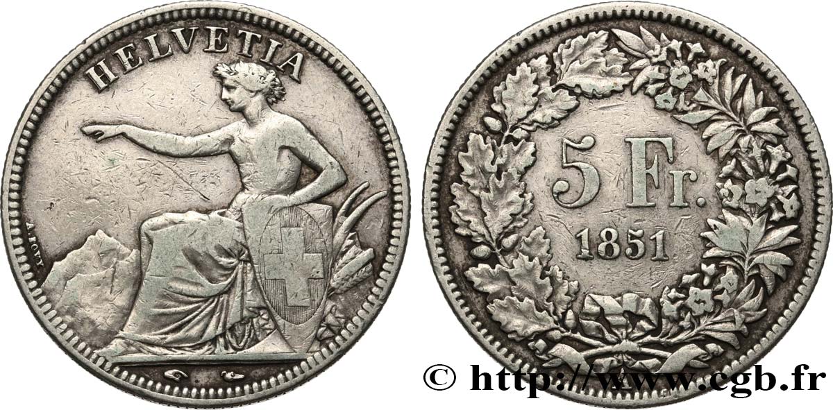 SUISSE - CONFEDERATION 5 Francs Helvetia assise 1851 Paris VF 
