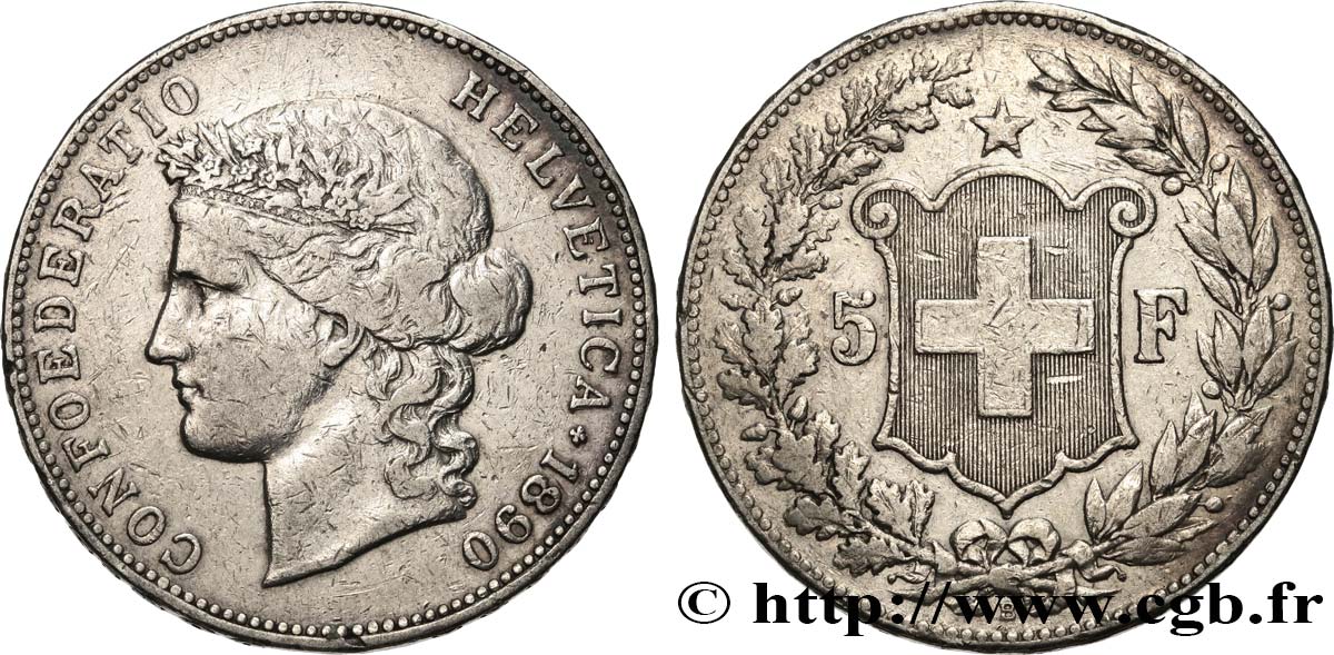 SCHWEIZ 5 Francs Helvetia 1890 Berne SS 