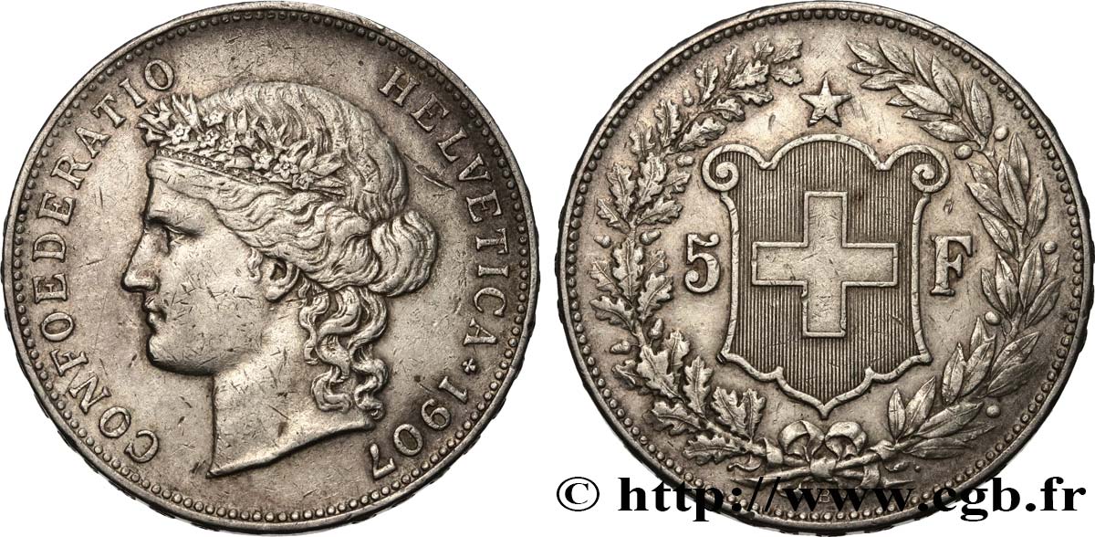 SVIZZERA  5 Francs Helvetia 1907 Berne BB 