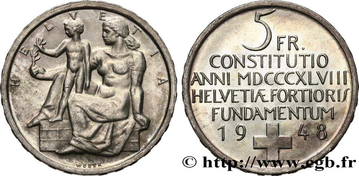 SVIZZERA  5 Francs centenaire de la constitution suisse 1948 Berne MS 