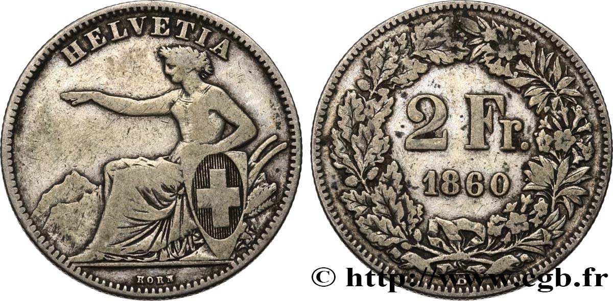 SUISSE 2 Francs Helvetia 1860 Berne B+ 