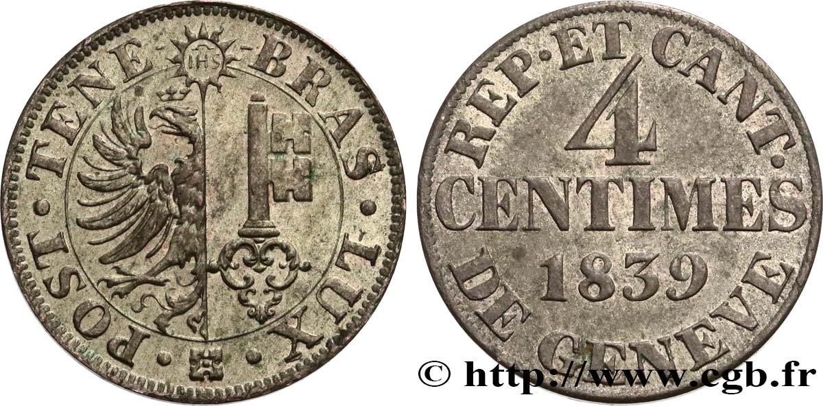 SVIZZERA - REPUBBLICA DE GINEVRA 4 Centimes - Canton de Genève 1839  q.SPL 